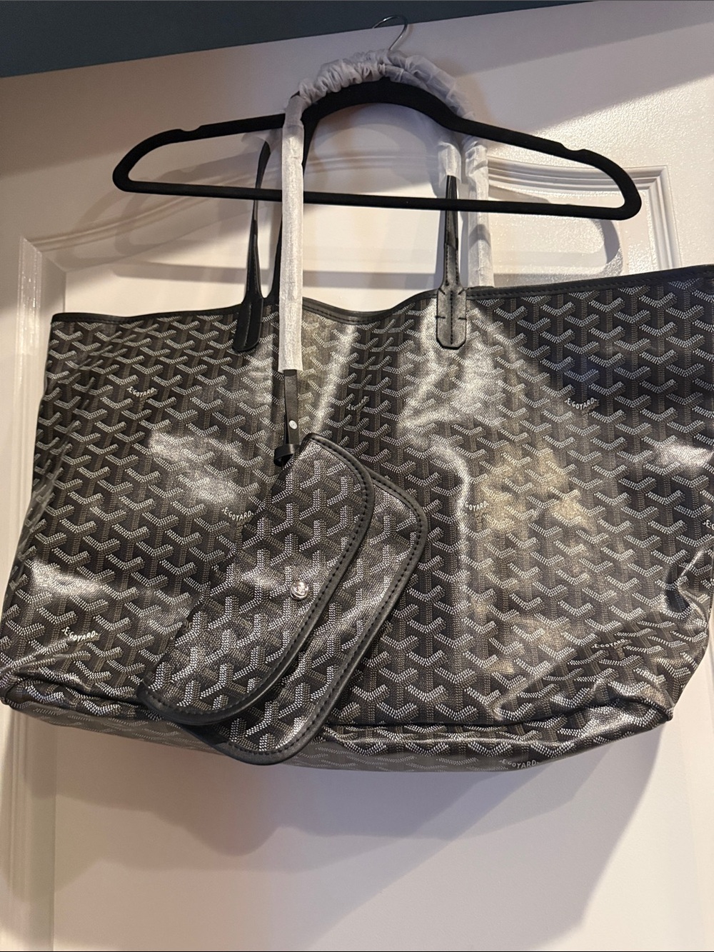 Goyard-style FAUX Black Patterned Tote LARGE Bag with  pouch BNWOT